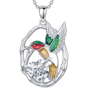 925 Silver Necklace Humming Bird and Heart Pendant